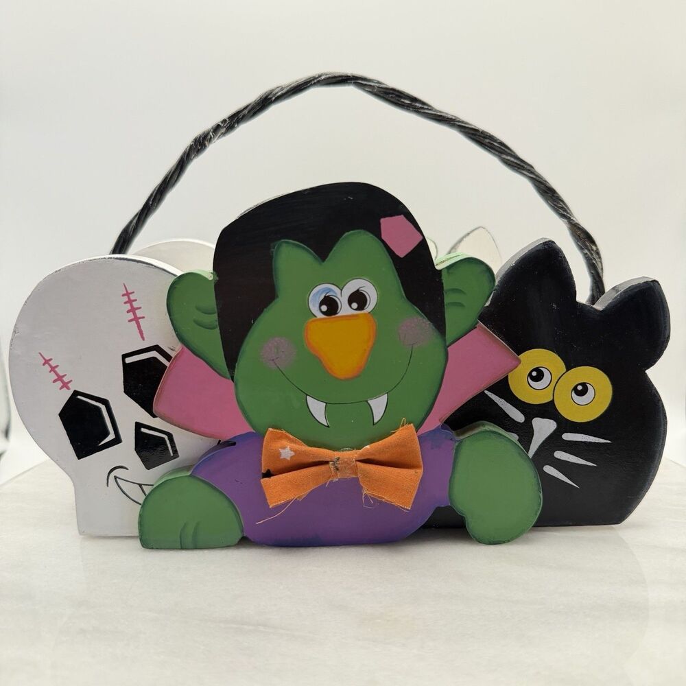 Cornerstone Creations Vintage Halloween Wooden Basket Frankenstein Cat Skull